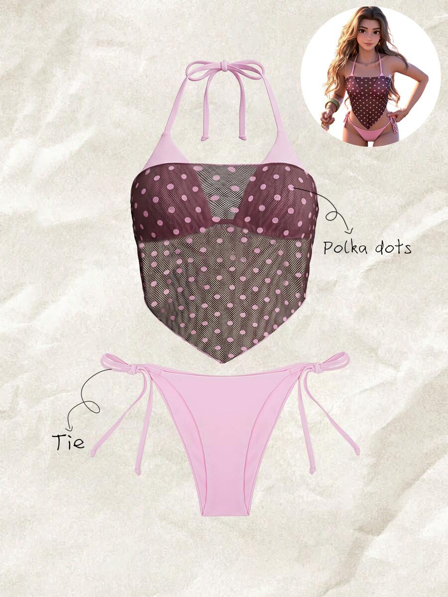 SHEIN Swim Women's Solid Color Random Print Halter 3-Piece Bikini Set Spring Summer Beach Party Pink Polka Dot Light Pink Sexy Y2k - Multicolor - View 1