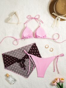 SHEIN Swim Women's Solid Color Random Print Halter 3-Piece Bikini Set Spring Summer Beach Party Pink Polka Dot Light Pink Sexy Y2k - Multicolor - View 4
