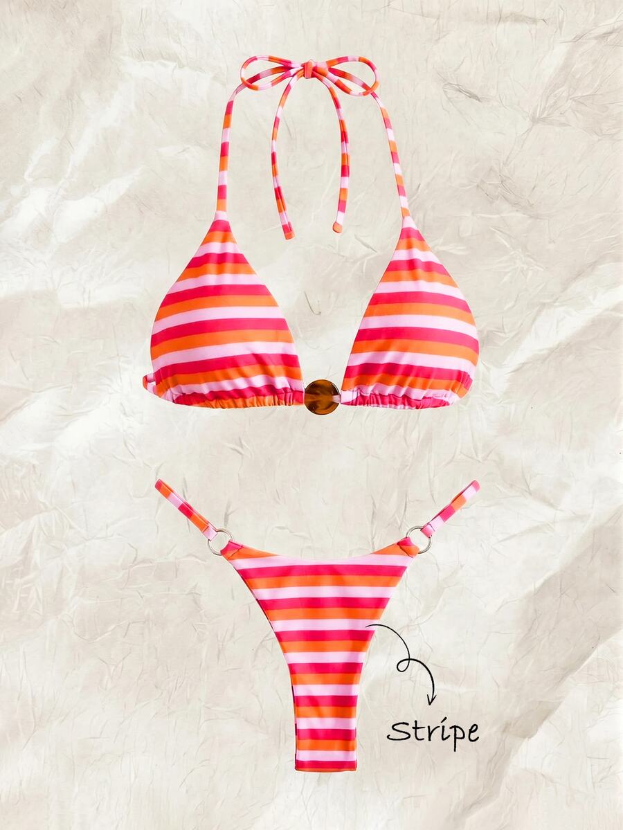 SHEIN Swim 2026春夏細肩帶橘色與粉色條紋琥珀菱形裝飾側高衩比基尼兩件式泳衣女款 - 彩色 - 查看 1
