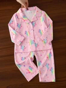 SHEIN Baby Girl Cute Pony Print Collared Long Sleeve Top & Casual Versatile Pants Set, Glow-In-The-Dark Pattern, Suitable For Autumn/Winter - Pink - View 1