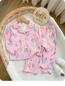 SHEIN Baby Girl Cute Pony Print Collared Long Sleeve Top & Casual Versatile Pants Set, Glow-In-The-Dark Pattern, Suitable For Autumn/Winter - Pink - View 7