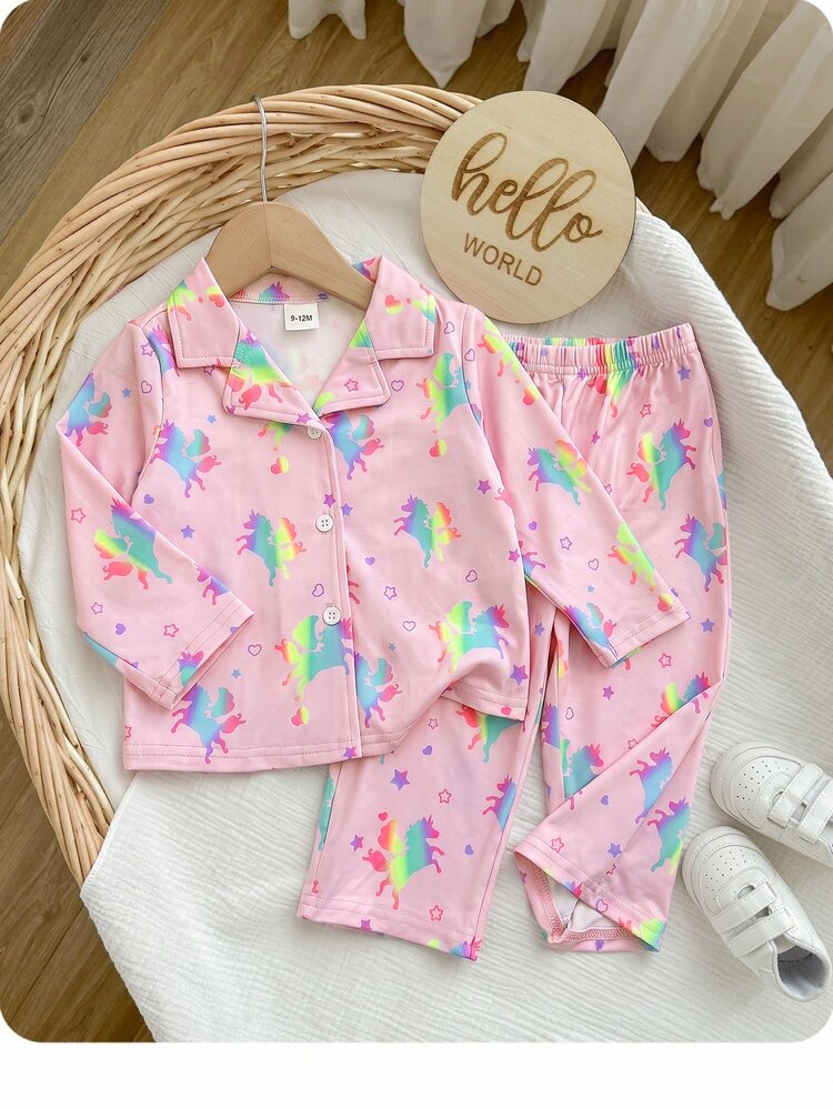 SHEIN Baby Girl Cute Pony Print Collared Long Sleeve Top & Casual Versatile Pants Set, Glow-In-The-Dark Pattern, Suitable For Autumn/Winter - Pink - View 7