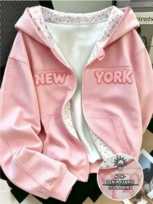 SHEIN 青少年女孩秋季學院風字母粉色仿印花圖案美式校園風城市漫步街頭風休閒校園運動風簡約寬鬆舒適衛衣，適合秋冬 - 粉色 - 查看 2
