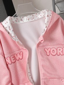 SHEIN 青少年女孩秋季學院風字母粉色仿印花圖案美式校園風城市漫步街頭風休閒校園運動風簡約寬鬆舒適衛衣，適合秋冬 - 粉色 - 查看 4
