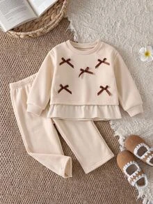 SHEIN Baby Girl Baby Girl Casual Daily Fashion Round Neck Khaki Color Contrast Bow Loose Sweatshirt And Sweatpants 2-Piece Set - Multicolor - View 2
