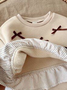 SHEIN Baby Girl Baby Girl Casual Daily Fashion Round Neck Khaki Color Contrast Bow Loose Sweatshirt And Sweatpants 2-Piece Set - Multicolor - View 5