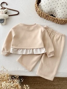 SHEIN Baby Girl Baby Girl Casual Daily Fashion Round Neck Khaki Color Contrast Bow Loose Sweatshirt And Sweatpants 2-Piece Set - Multicolor - View 4