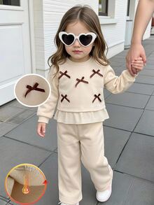 SHEIN Baby Girl Baby Girl Casual Daily Fashion Round Neck Khaki Color Contrast Bow Loose Sweatshirt And Sweatpants 2-Piece Set - Multicolor - View 1