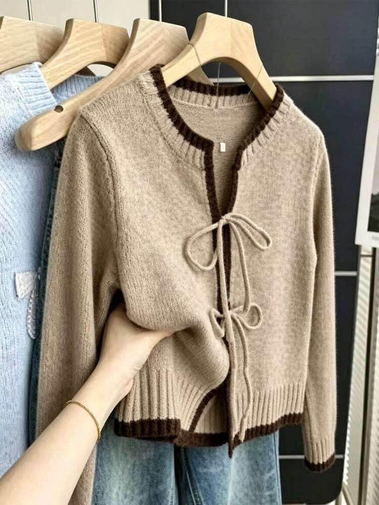 GlowEve Women's Colorblock Trim Tie-Front Cardigan Brunch Light Brown Autumn Casual - Khaki - View 4