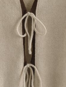 LUMIGAL Women's Colorblock Trim Tie-Front Cardigan Brunch Light Brown Autumn Casual - Khaki - View 5