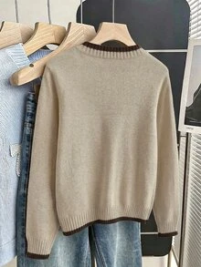LUMIGAL Women's Colorblock Trim Tie-Front Cardigan Brunch Light Brown Autumn Casual - Khaki - View 2