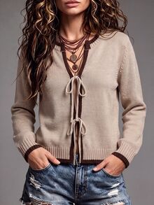 LUMIGAL Women's Colorblock Trim Tie-Front Cardigan Brunch Light Brown Autumn Casual - Khaki - View 1