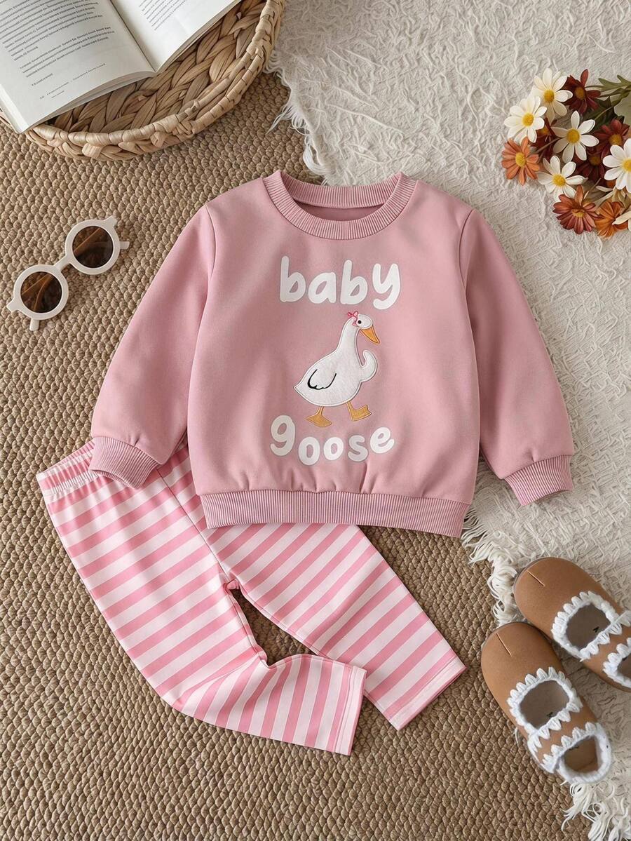 SHEIN Baby Girl Cartoon & Slogan Graphic Sweatshirt & Striped Pants - Multicolor - View 1