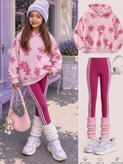 Young Girl Young Girl Young Girls Tops Knitted Zip-Up Hooded Sweatshirt Pink Floral Print Front Pocket Thermal Lined Comfortable For Autumn/Winter