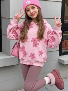 女童針織拉鍊連帽衛衣 粉色花卉印花 前口袋 內層保暖舒適 秋冬款上衣 - 粉色 - 查看 2