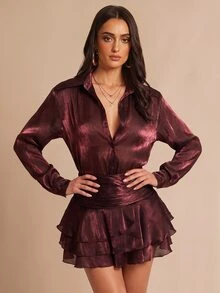Silquee Elegant Dark Red Shirt Dress In A Lustrous Fabric With Ruffle Detailing. Vacation Hallowee Christmas Festival Party Dresses Graduation - Brown - View 8