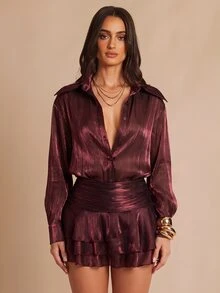Silquee Elegant Dark Red Shirt Dress In A Lustrous Fabric With Ruffle Detailing. Vacation Hallowee Christmas Festival Party Dresses Graduation - Brown - View 6