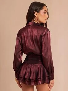 Silquee Elegant Dark Red Shirt Dress In A Lustrous Fabric With Ruffle Detailing. Vacation Hallowee Christmas Festival Party Dresses Graduation - Brown - View 4