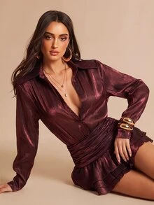 Silquee Elegant Dark Red Shirt Dress In A Lustrous Fabric With Ruffle Detailing. Vacation Hallowee Christmas Festival Party Dresses Graduation - Brown - View 7