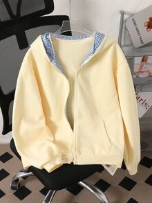 SHEIN 青少年女孩秋季學院風黃藍格紋印花美式校園風城市漫步街頭風休閒校園運動風寬鬆舒適連帽開襟衛衣秋冬街頭穿搭 - 黃色 - 查看 5