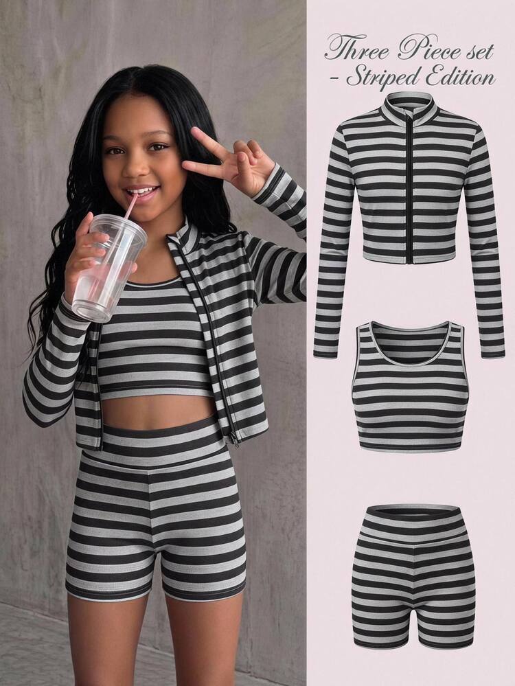 SHEIN Setelan 3 Potong Bergaris Hitam & Abu-abu untuk Remaja Perempuan & Kardigan Lengan Panjang Pendek dengan Kerah Tegak dan Resleting & Camisole Pas Badan & Celana Pendek Ketat Pinggang Tinggi & Kain Elastis Bertekstur Garis Horizontal Klasik & Pakaian Wanita Gaya Kasual yang Menarik & Pakaian Sehari-hari untuk di Rumah & Olahraga di Luar Ruangan & Setelan 3 Potong Kasual Pas Badan yang Menawan dan Berlapis - MultiWarna - View 2