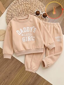 SHEIN 女嬰兒童針織休閒日常時尚圓領卡其色字母印花寬鬆衛衣與運動褲2件套 - 彩色 - 查看 2