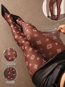 Cravure Plus Size Women Letter Print Elastic Waist Mesh Leggings - Multicolor - View 1