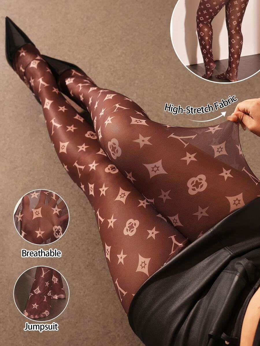 Cravure Plus Size Women Letter Print Elastic Waist Mesh Leggings - Multicolor - View 1