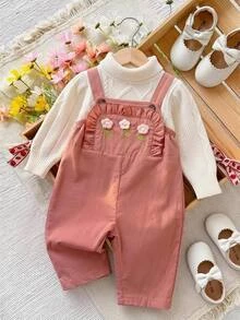SHEIN 女嬰新生兒可愛百搭休閒粉色彩虹刺繡連身衣，適合春夏秋冬四季穿著 - 粉色 - 查看 1
