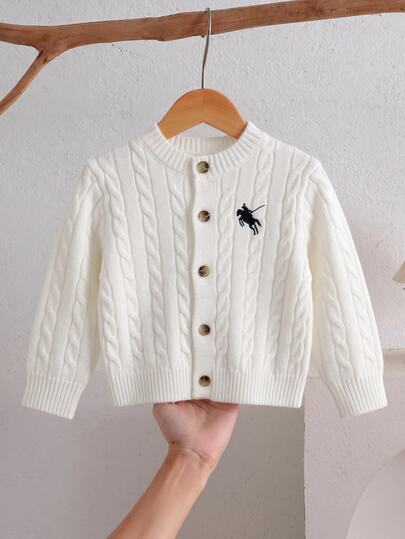 SHEIN Baby Girl Knight Embroidery Long Sleeve Single-Breasted Casual Knit Autumn Cardigan