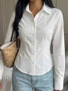 SHEIN EZwear Women's Solid Color Casual Versatile Daily Wear Shirt - White - View 4