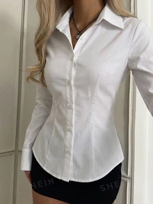 SHEIN EZwear Women's Solid Color Casual Versatile Daily Wear Shirt - White - View 6