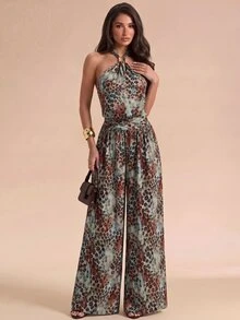 SHEIN Glamour 女款掛脖連身褲，金屬條飾鼠尾草綠豹紋寬腿，無袖露背高腰夏季夜店度假性感款 - 藍色 - 查看 9