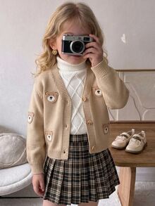 SHEIN 女童針織3D熊貼布休閒開襟衫 - 彩色 - 查看 4