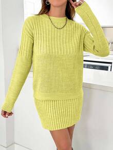 EURMUSE Casual Rib Knit Sweater & Mini Rib Knit Sweater Skirt Co-Ords - Yellow - View 5