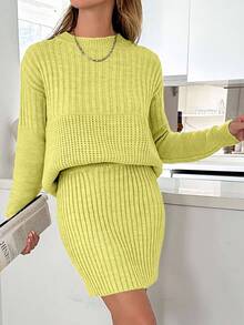 EURMUSE Casual Rib Knit Sweater & Mini Rib Knit Sweater Skirt Co-Ords - Yellow - View 6