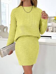 EURMUSE Casual Rib Knit Sweater & Mini Rib Knit Sweater Skirt Co-Ords - Yellow - View 3