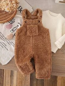 LMoss Kids Baby Girl Thick Double-Sided Fleece Versatile Overalls Autumn Pants, Suitable For Winter, Cute Patch Pockets, Adjustable Shoulder Straps - Brown - View 8
