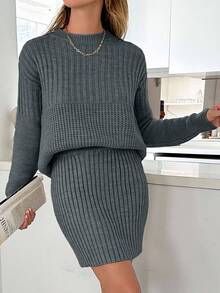 EURMUSE Casual Rib Knit Sweater & Mini Rib Knit Sweater Skirt Co-Ords - Dark Grey - View 6