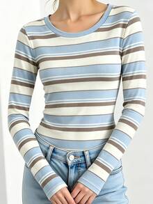 Girls' Striped Long Sleeve Crew Neck T-Shirt, Casual Slim Fit Striped Top For Older Girls, Soft And Comfortable Crew Neck Long Sleeve Shirt For School-Age Girls, Versatile Striped Pullover For Spring/Autumn And Autumn/Winter Daily Wear, Fashionable Versatile Inner Layer Base Layer, Retro Striped Energetic - Multicolor - View 1