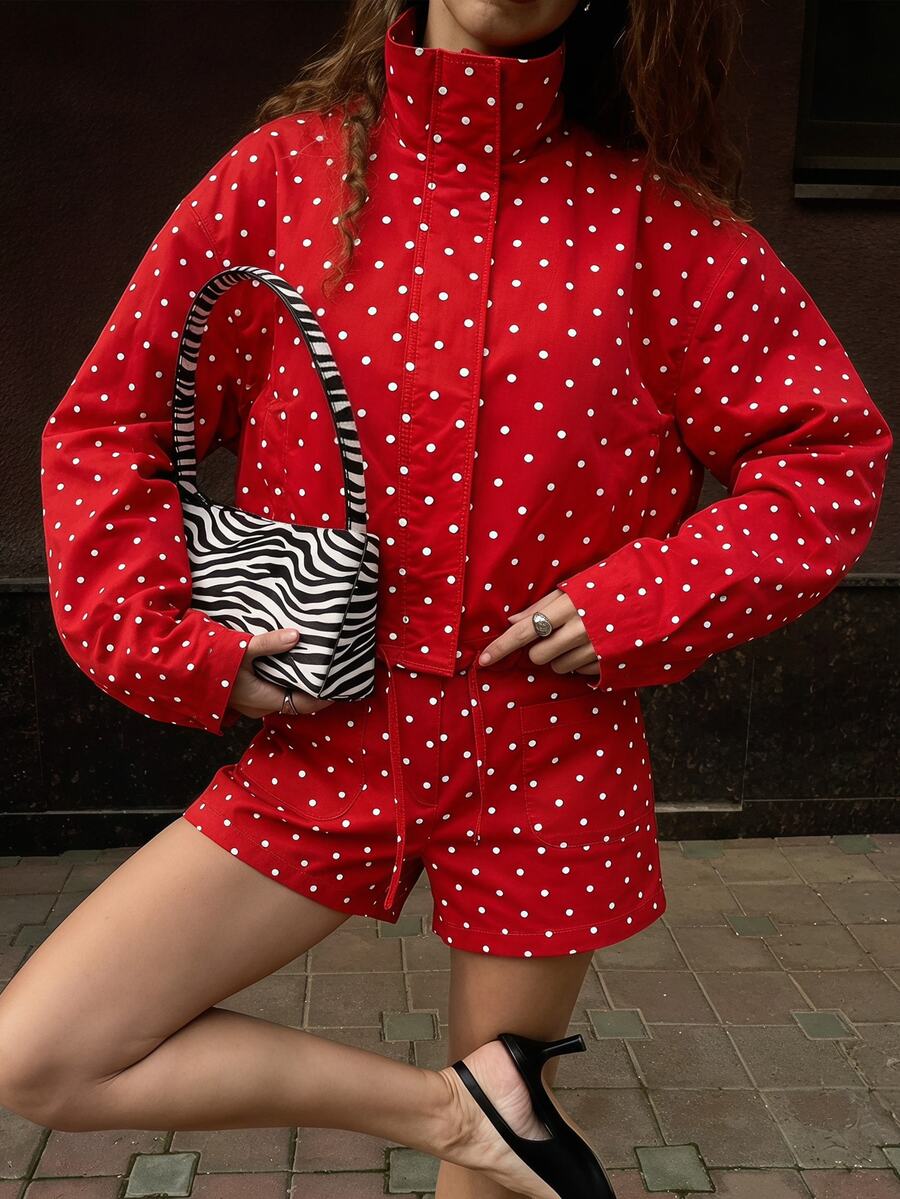 SHEIN SXY Red And White Polka Dot Print Casual Streetwear Vintage Retro Cute Long Sleeve Loose Fit Jacket Going Out Daytime Night Out Everyday Fall Christmas