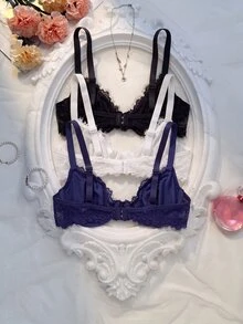 Crystal Vow Sexy French Eyelash Lace Thin Women's Bra 3-Piece Set - Multicolor - View 2