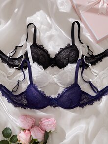 Crystal Vow Sexy French Eyelash Lace Thin Women's Bra 3-Piece Set - Multicolor - View 8