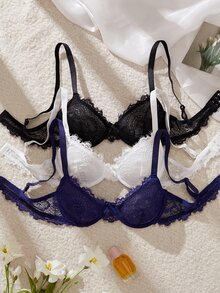 Crystal Vow Sexy French Eyelash Lace Thin Women's Bra 3-Piece Set - Multicolor - View 3