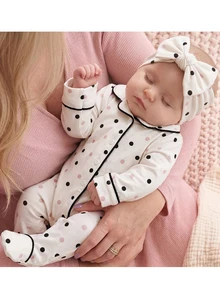 SHEIN Newborn Baby Girl Polka Dot Knit Casual Long Sleeve Romper - Pink - View 4
