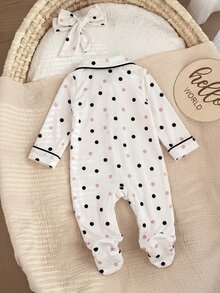 SHEIN Newborn Baby Girl Polka Dot Knit Casual Long Sleeve Romper - Pink - View 2
