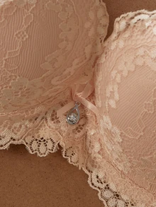 Crystal Vow 1pc Lace Floral Comfortable Padded Underwire Bra, Lift-Up Lingerie Set Wedding Guest Apricot Summer - Dusty Pink - View 5