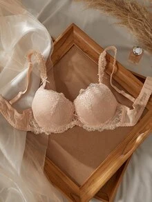 Crystal Vow 1pc Lace Floral Comfortable Padded Underwire Bra, Lift-Up Lingerie Set Wedding Guest Apricot Summer - Dusty Pink - View 3
