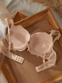Crystal Vow 1pc Lace Floral Comfortable Padded Underwire Bra, Lift-Up Lingerie Set Wedding Guest Apricot Summer - Dusty Pink - View 4
