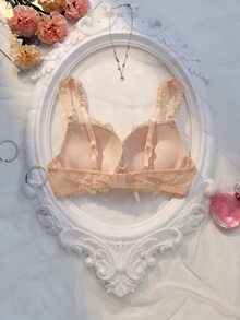 Crystal Vow 1pc Lace Floral Comfortable Padded Underwire Bra, Lift-Up Lingerie Set Wedding Guest Apricot Summer - Dusty Pink - View 2